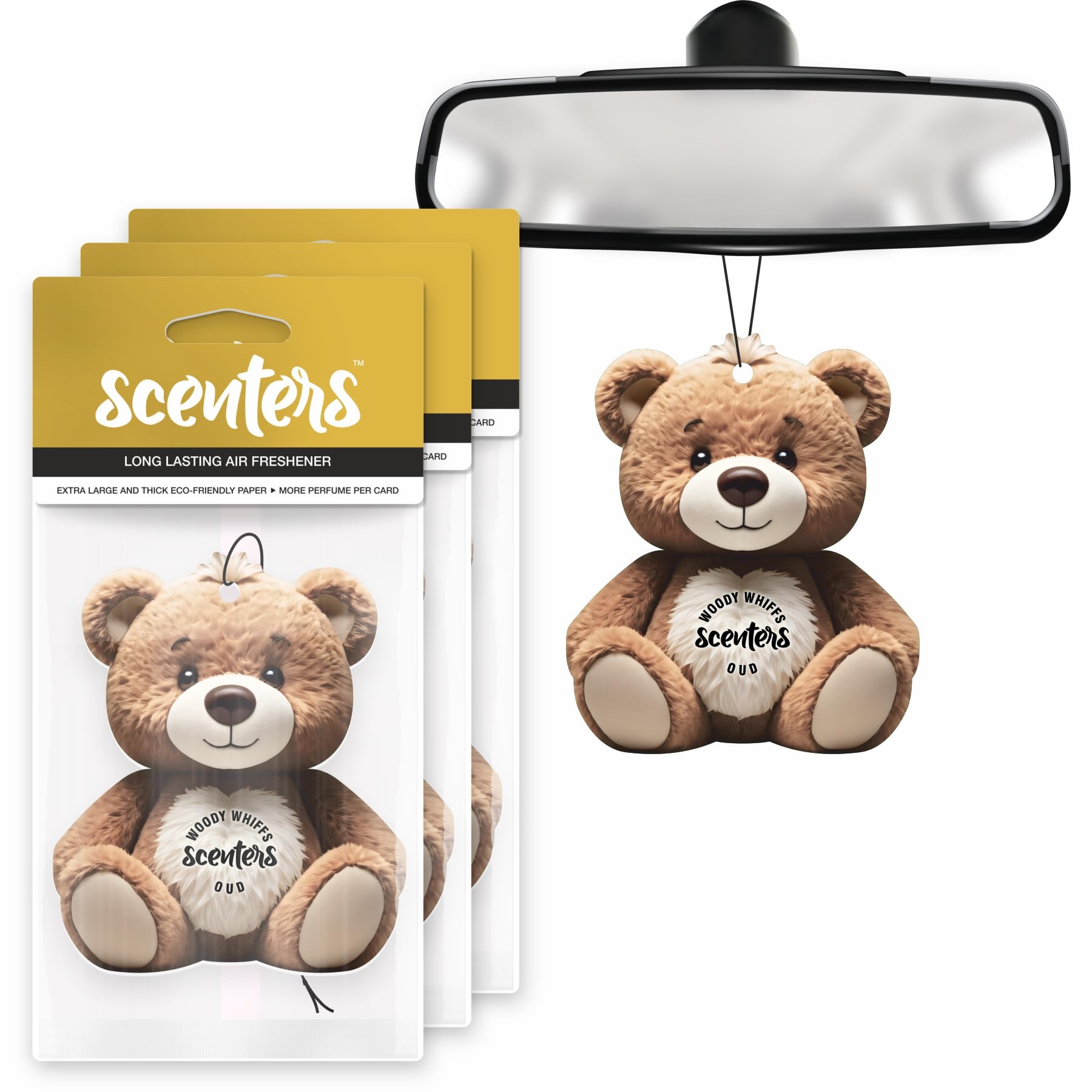 5 Packs | SCENTERS | Mirror Hanging Car Air Freshener | Car Accessory | Long Lasting Perfume | Teddy Bear Design | Oudh & Bakhoor Fragrance