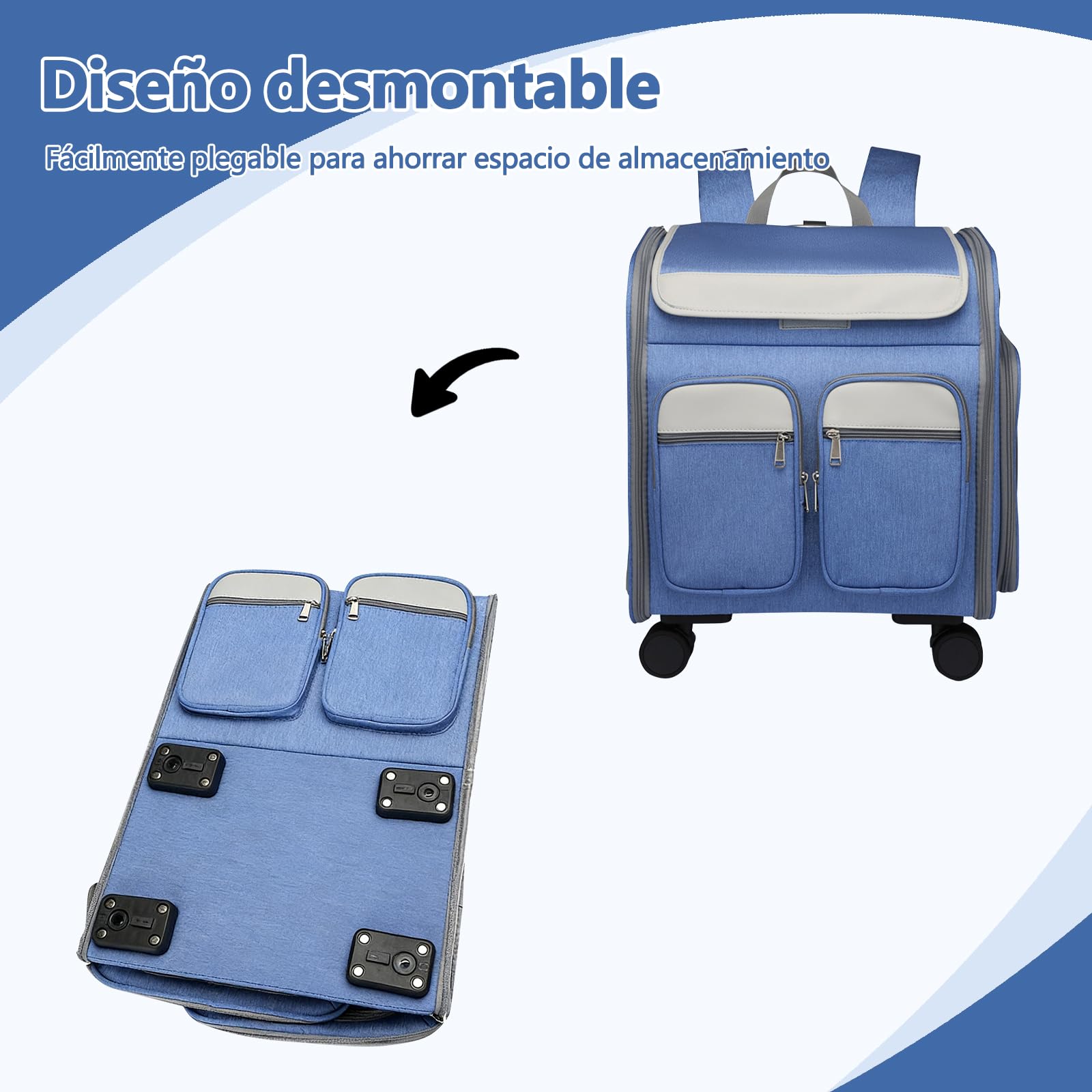 Galatée Mochila para Perros con Ruedas Extraíbles, Bolsa De Viaje para Perros Aprobada por Aerolíneas, Carriola Plegable para Mascotas con Ventanas De Malla para Ventilación(Gris)