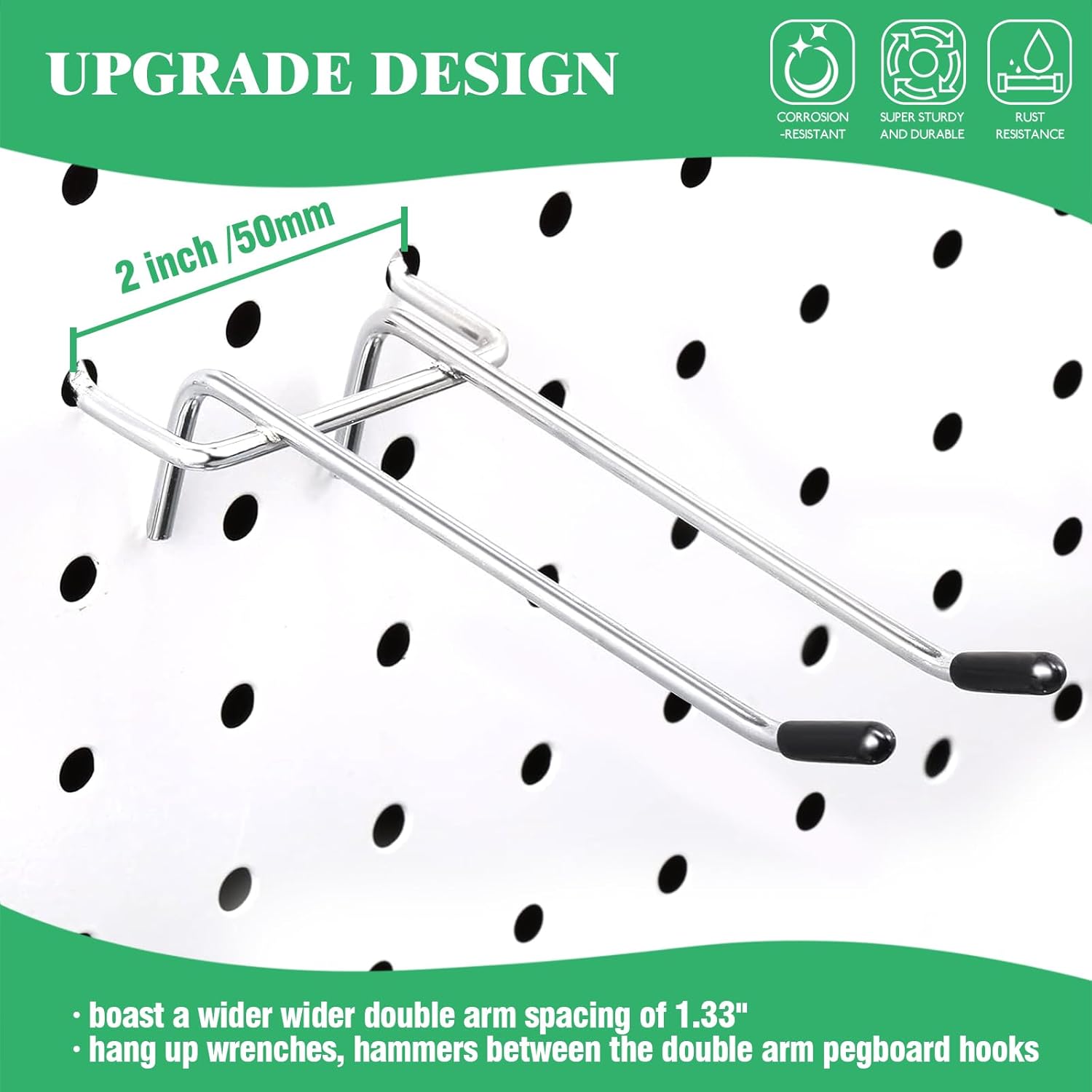 30Pcs 5 Inch Double Arm Peg Board Hooks for 1/4" Pegboard, Metal Gridwall Hanger Utility Hooks with Rubber Protecting Tip for Garage Kitchen Home Retail Display