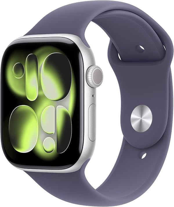 Apple Watch Series 11 [GPS 46mm] Smartwatch con caja de aluminio color Plata y correa deportiva Púrpura Niebla - M/L. Puntaje de sueño, seguimiento de actividad, monitoreo de salud, pantalla siempre activa, resistente al agua