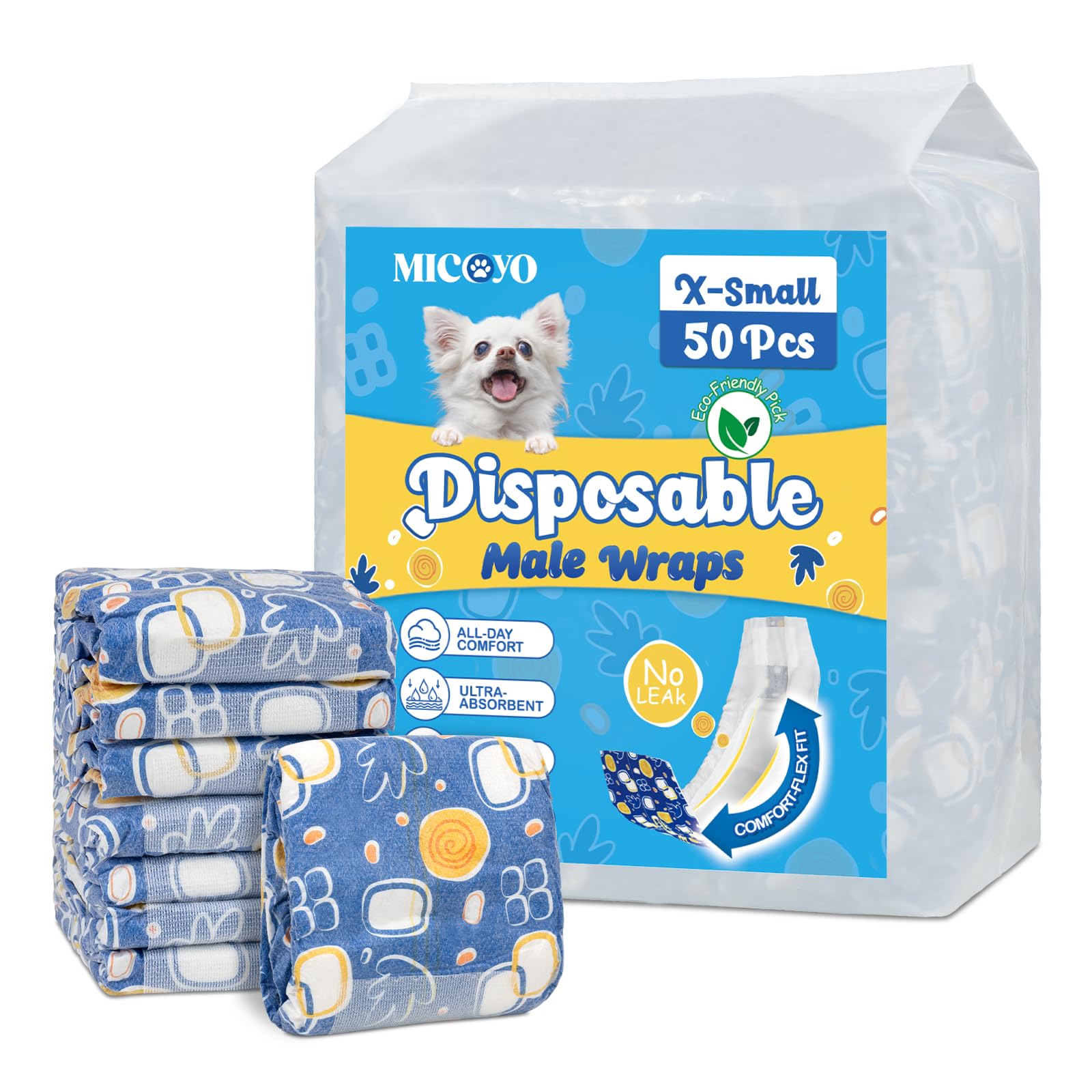 MICOOYO Dog Nappies Male Disposable, Super Absorbent Male Dog Wraps, Belly Bands for Dogs with Wetness Indicator, Doggy Diapers for Incontinence Marking(XS, 20Pcs)