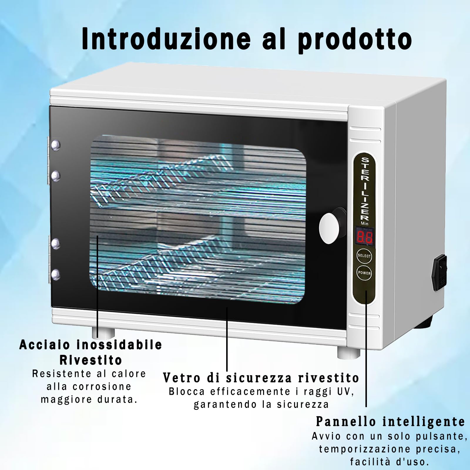Sterilizzatore UV con timer, grande capacità, display digitale, disinfezione UV, bianco