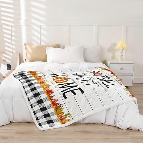 Miniatura 2 de Manfei Manta de fútbol otoñal con hojas de calabaza para sofá, manta de cama de madera a cuadros grises para decoración de habitación de niños y