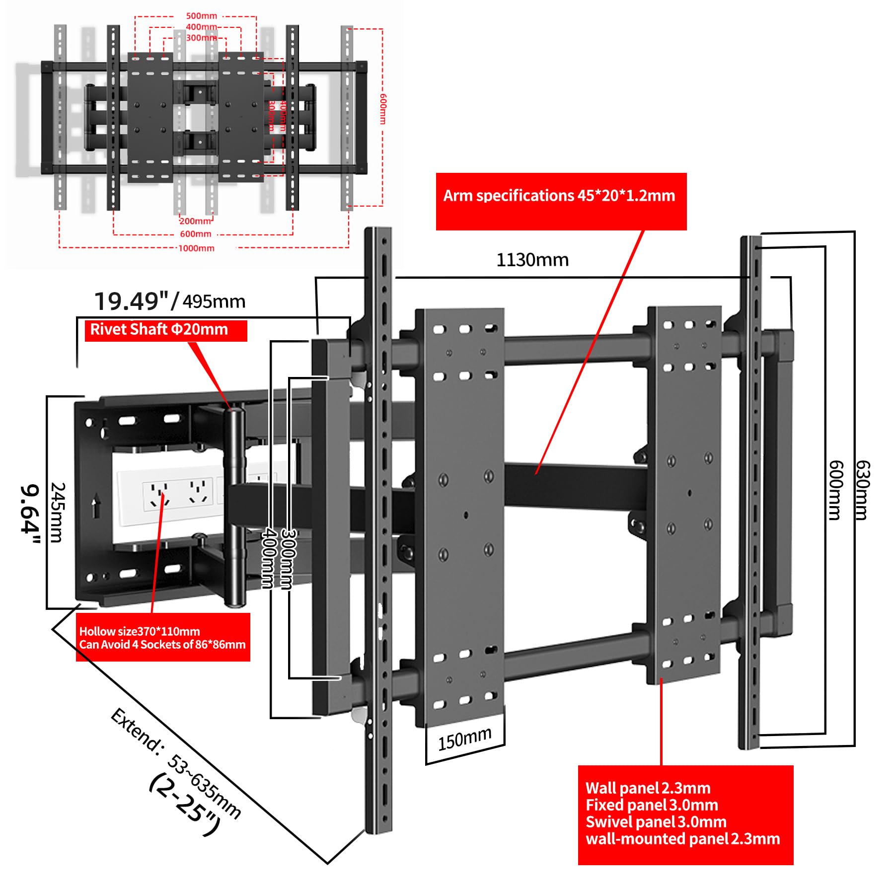 Supporto TV Parete 50-120 Pollici fino a 110kg, Staffa TV Inclinazione, Rotazione, Girevole, Estensione, livellamento, Supporto TV Doppio Braccio Articolato, Preassemblato Max VESA 1000x600