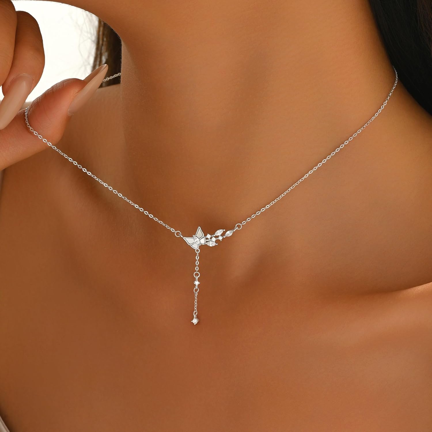 Cute Butterfly Necklace for Women Shell Zirconia Chain Dainty 925 Sterling Silver Tassel Pendant Necklace to Daughter Mom Trendy Elegant Charm Choker Birthday Valentine's Day Jewelry Gifts - Image 4