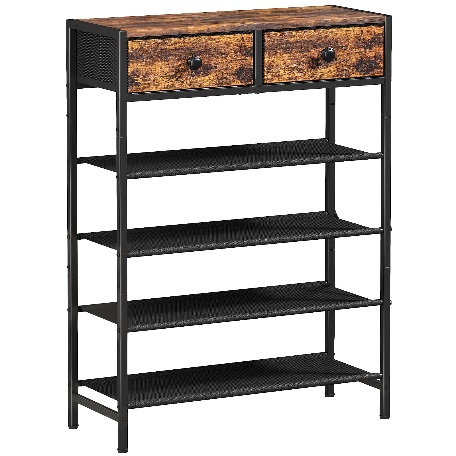 UNITSTAGE Shoe Rack, 5 Tier Shoe Organizer with 2 Drawers, Metal Shoe Storage for 16-20 Pairs of Shoes with Fabric Shelves and Wooden Top, Narrow Shoe Shelf for Closet Entryway Rustic Brown