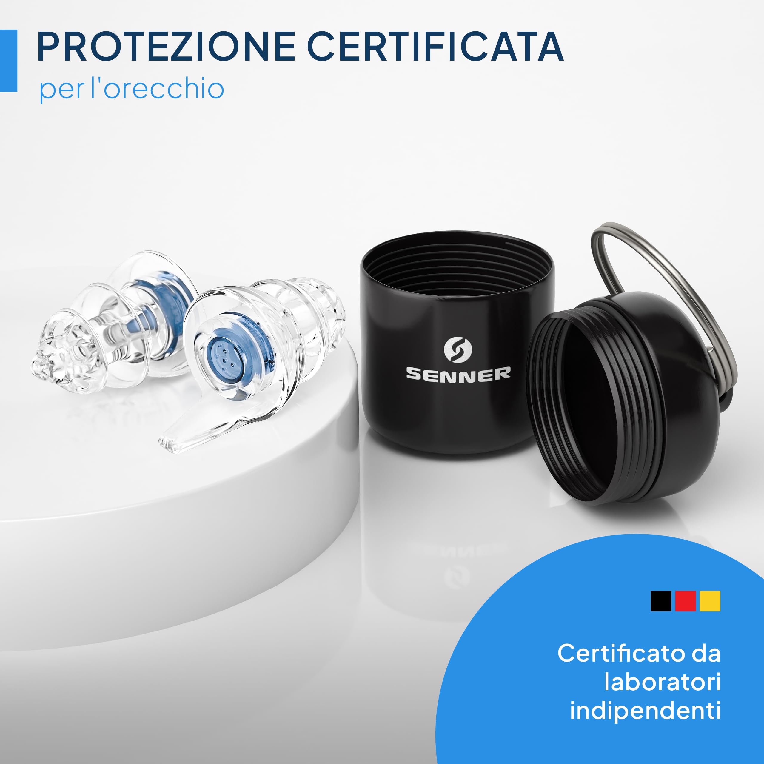 Senner ® MusicPro Soft | Protezione Acustica per Concerti, Musica, Discoteca, Festival - Tappi per Orecchie Extra Morbidi, Blu/Trasparenti - con Custodia in Alluminio