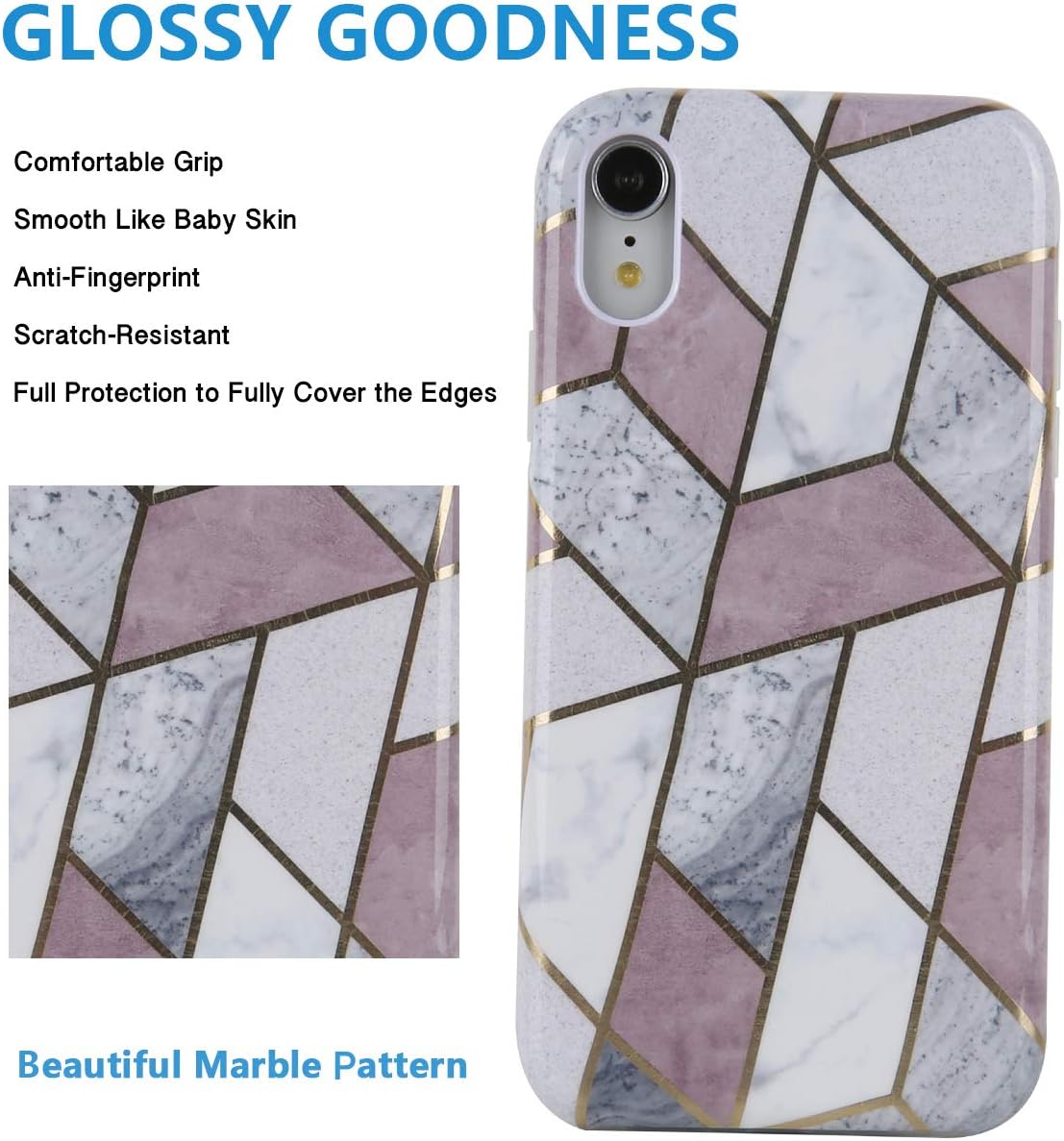 iPhone XR Case Cute Stitching Purple Marble Pattern Dual Layer Clear Soft TPU Hard PC Shockproof Phone Cases for Women Girls Men Boys[6.1"]