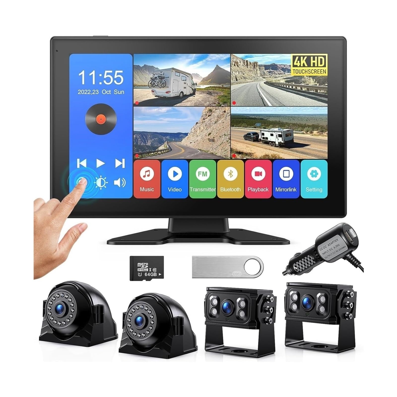 Monitor de pantalla táctil dividida de 10,1 "4k 4CH, cámaras de visión trasera de 1080P, grabación DVR, Bluetooth, música, visión nocturna for camión RV(None)