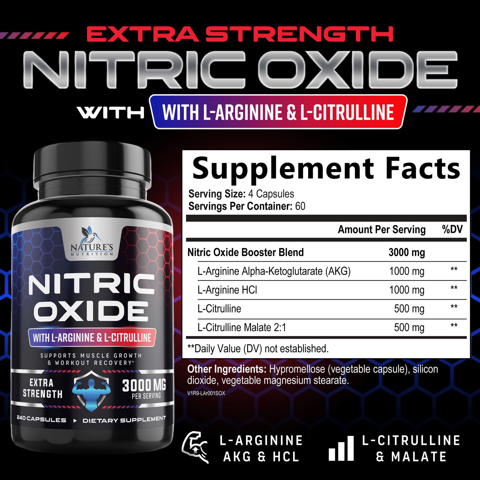 Nitric Oxide Supplement 3000mg Blend - 3X Strength L-Arginine & L-Citrulline - Complete Pre Workout Nitric Booster - Natural Energy & Muscle Support for Men & Women - Bottled in USA - 240 Capsules — Amazon image 2