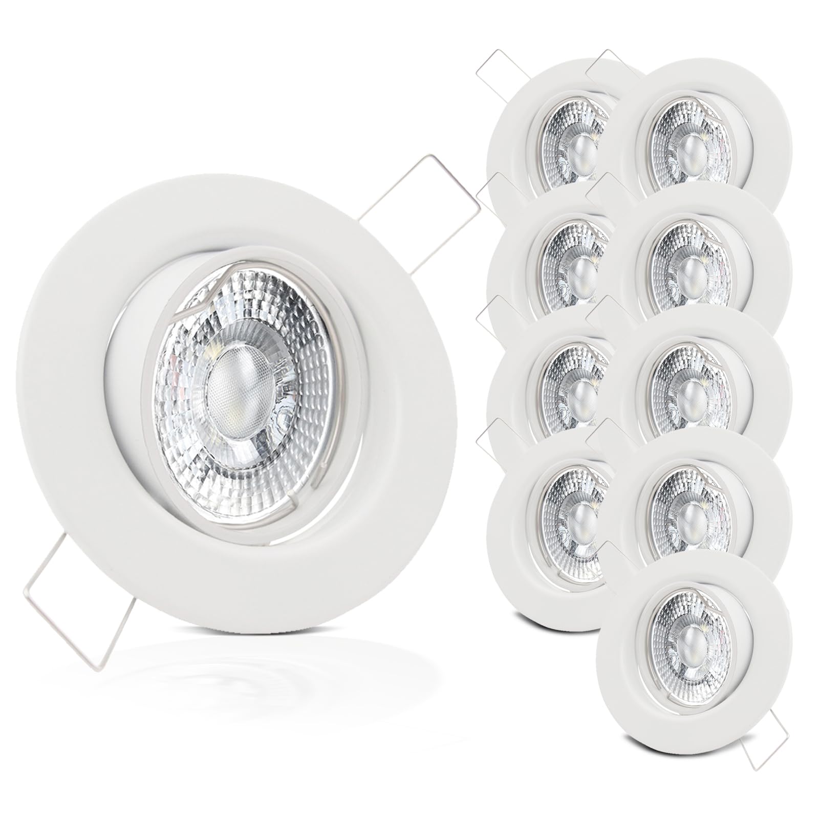 trendlights24 Decora LED Decken Einbaustrahler flach 35 mm 5W 230V 10er Set | Weiß, rund, LED Spots, Warmweiß, 3000k, 400lm, austauschbar, Einbauleuchte, schwenkbar, 68 mm Lochmaß