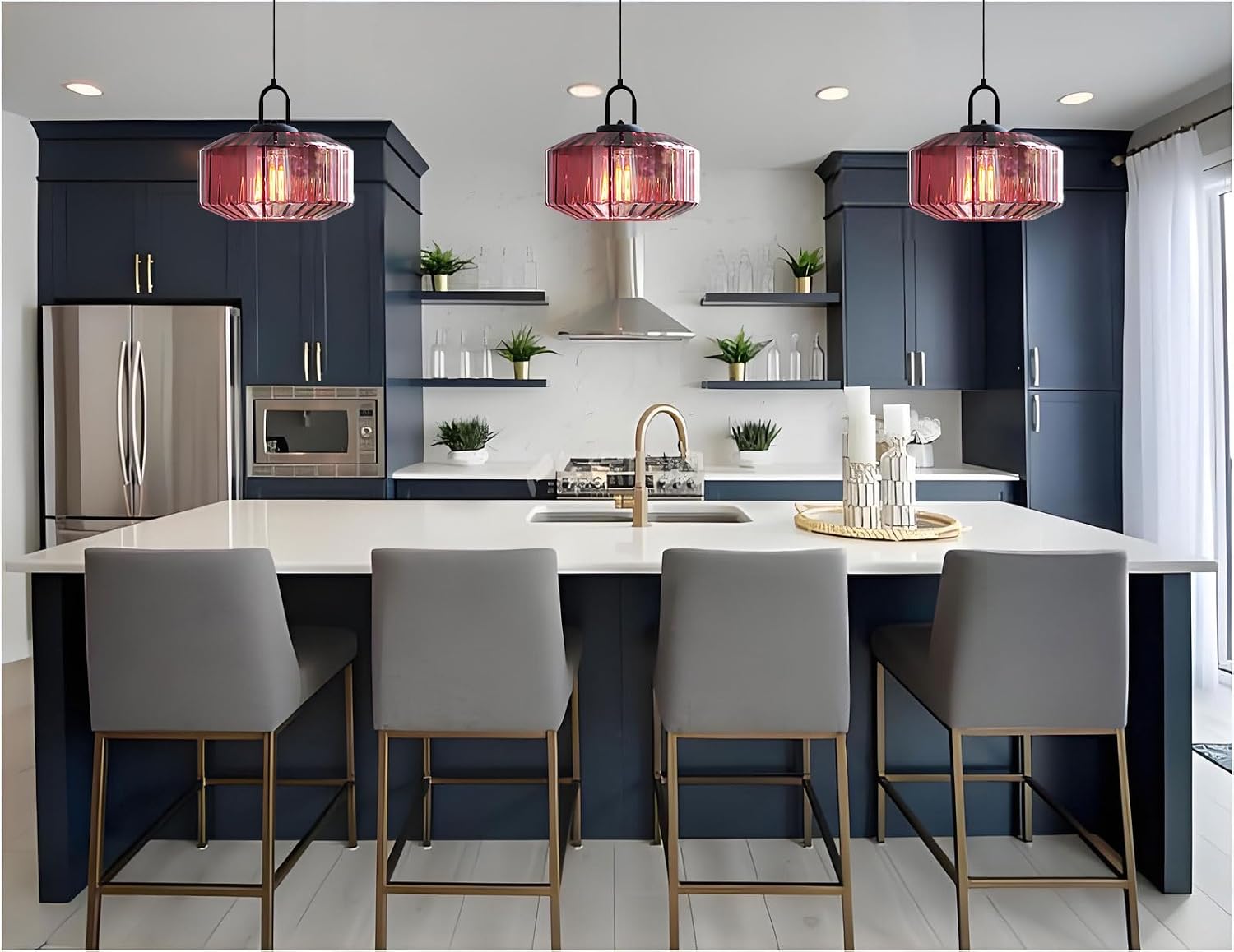 11-Inch Vintage Industrial Ribbed Glass Pendant Light Adjustable Height E26 Hanging Light for Kitchen Island Dining Room Bedroom Living Room Bar (Purple)