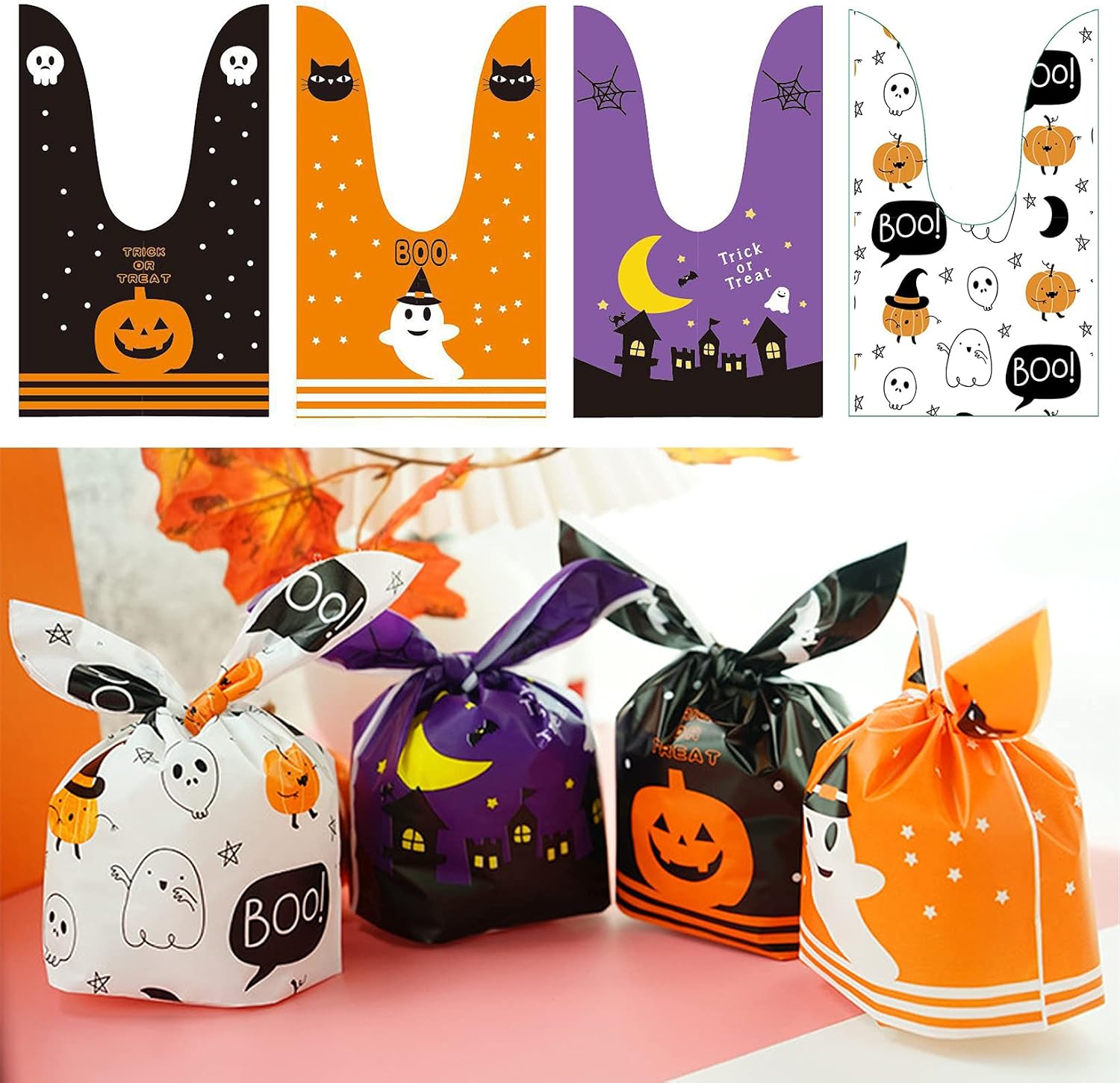 BPNHNA 50Pcs Halloween Goodie Bags Pumpkin Ghost Treat Candy Bags Ear Tie Cookies Bags Gift Bags for Party Favor(White)