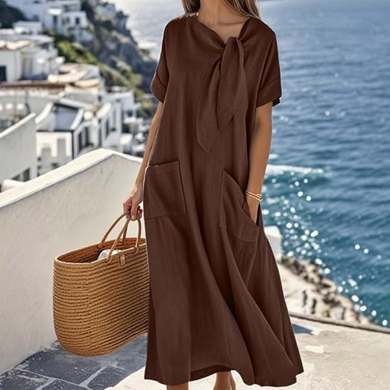 Vestido largo con cuello de lazo para mujer, manga corta, color sólido, holgado, acampanado, con bolsillos, vestido de verano casual de playa para vacaciones