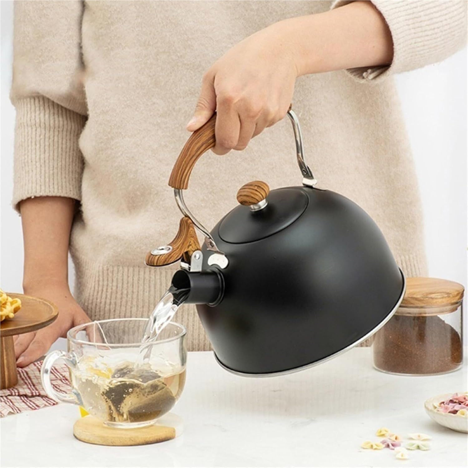 Tea Kettle for Stove Top, Stainless Steel Whistling Tea Pot with Cool Touch Wood Pattern Ergonomic Handle, Loud Whistle Teapot for Tea,Coffee, Milk(Black)