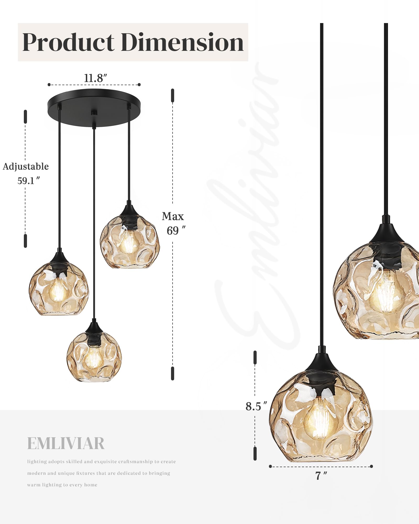 Lámpara colgante de 3 luces con cristal martillado, iluminación colgante lineal para comedor en acabado ámbar, DYE287G2-3 BK 6