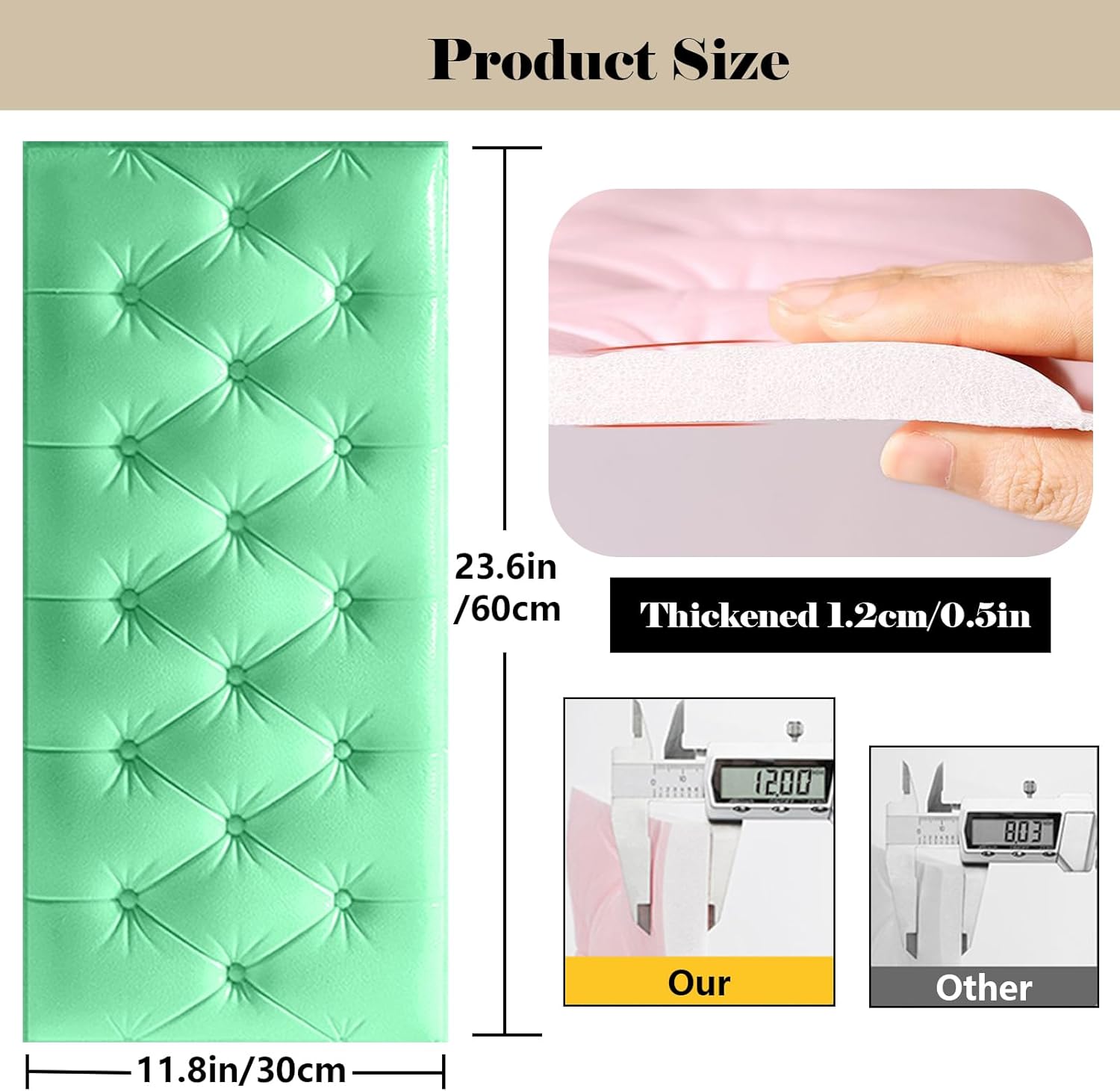 Peel and Stick Headboard Upholstered Wall Panels, 3D Anti-Collision Soundproof Self-Adhesive Wall Panel for Bedroom Playroom Wall Protection (Green 23.6X11.8in/60x30cm 4PCS)