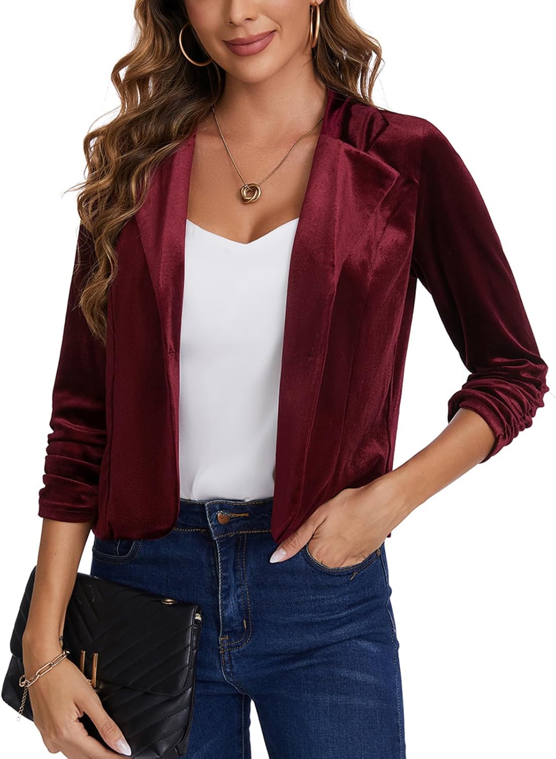 MINTLIMIT Women's Velvet Blazer Jacket Button Front Notched Lapel Long Sleeve Suit Jacket Loose Fitting Tailored Jacket Coat, Wine Red, M - Image 3