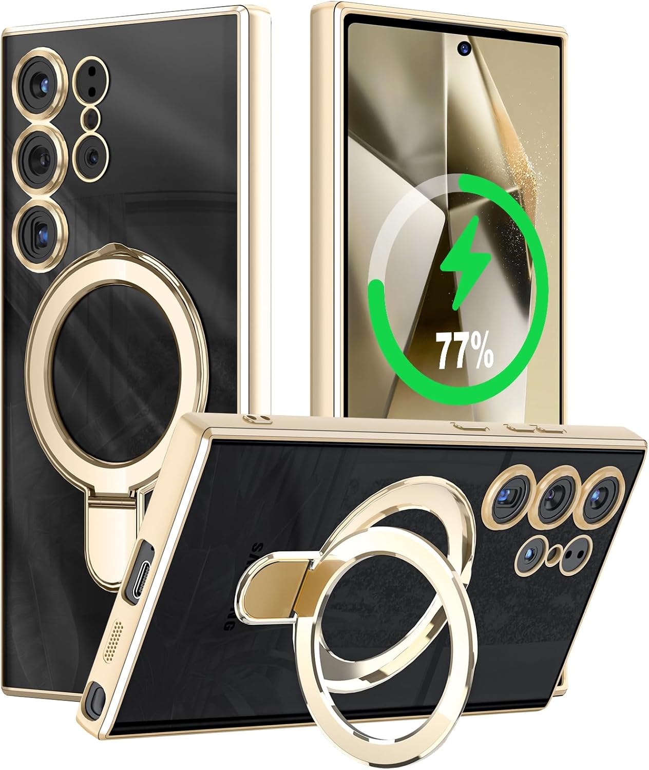 Magnetic Case for Samsung Galaxy S24 Compatible with MagSafe Wireless Charging and Ring Stand, Electroplated Bumper Shockproof Phone Cover, Anti-Scratch for Galaxy S24Clear Cover (Black)