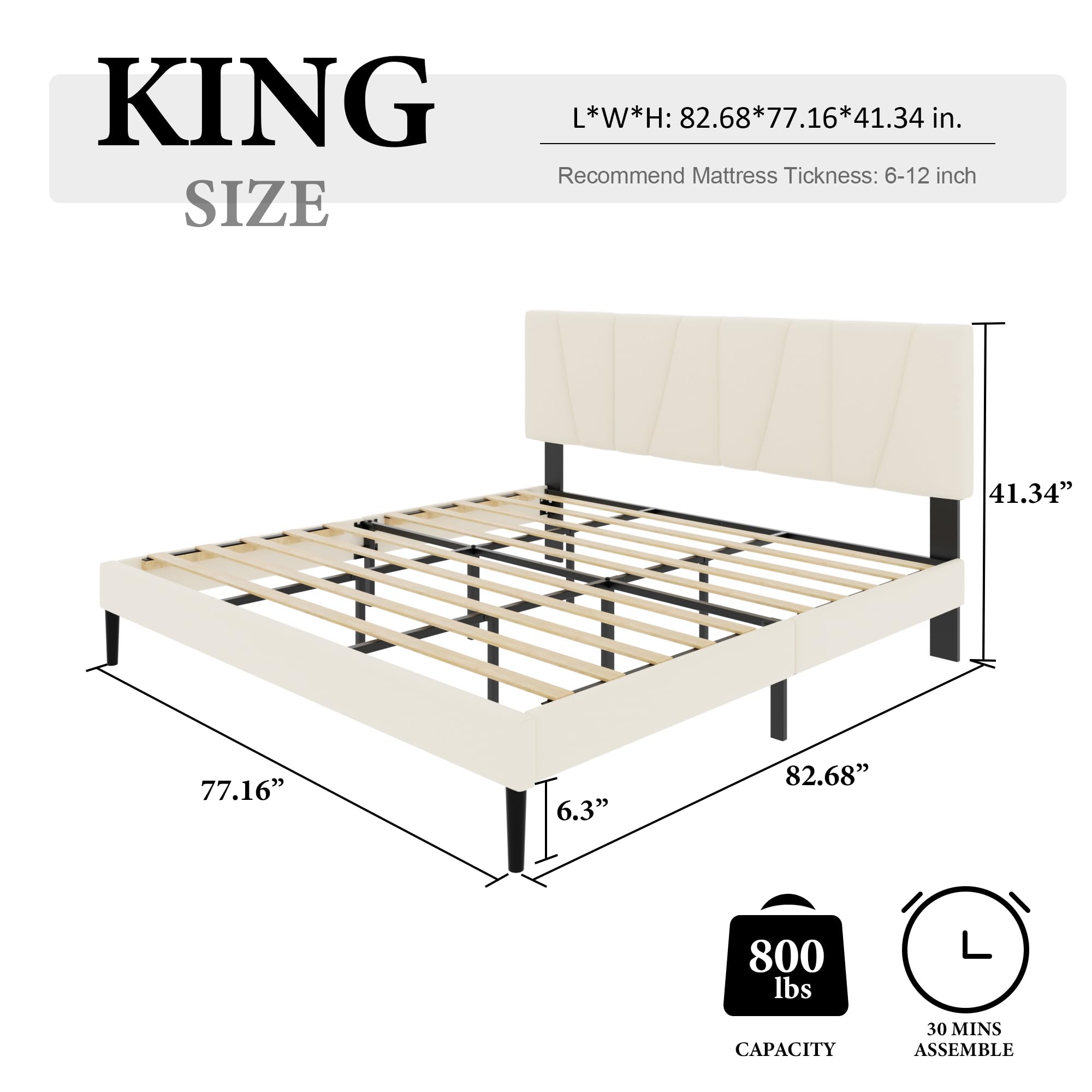 Base de cama tamaño King con cabecera tapizada de tela, plataforma con soporte de listones de madera, base de colchón completa, somier opcional, fácil montaje 2