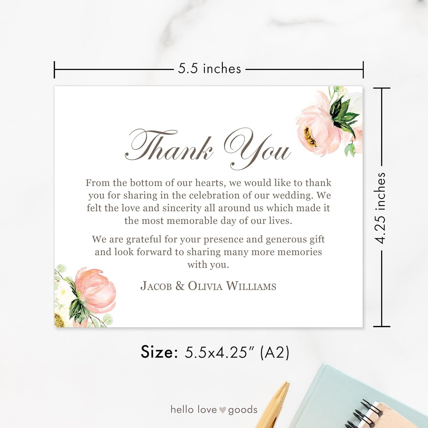 Personalized Wedding Thank You Cards with Message, Flat 5.5x4.25 Thank You Note Cards with Pink Floral, Envelopes Included