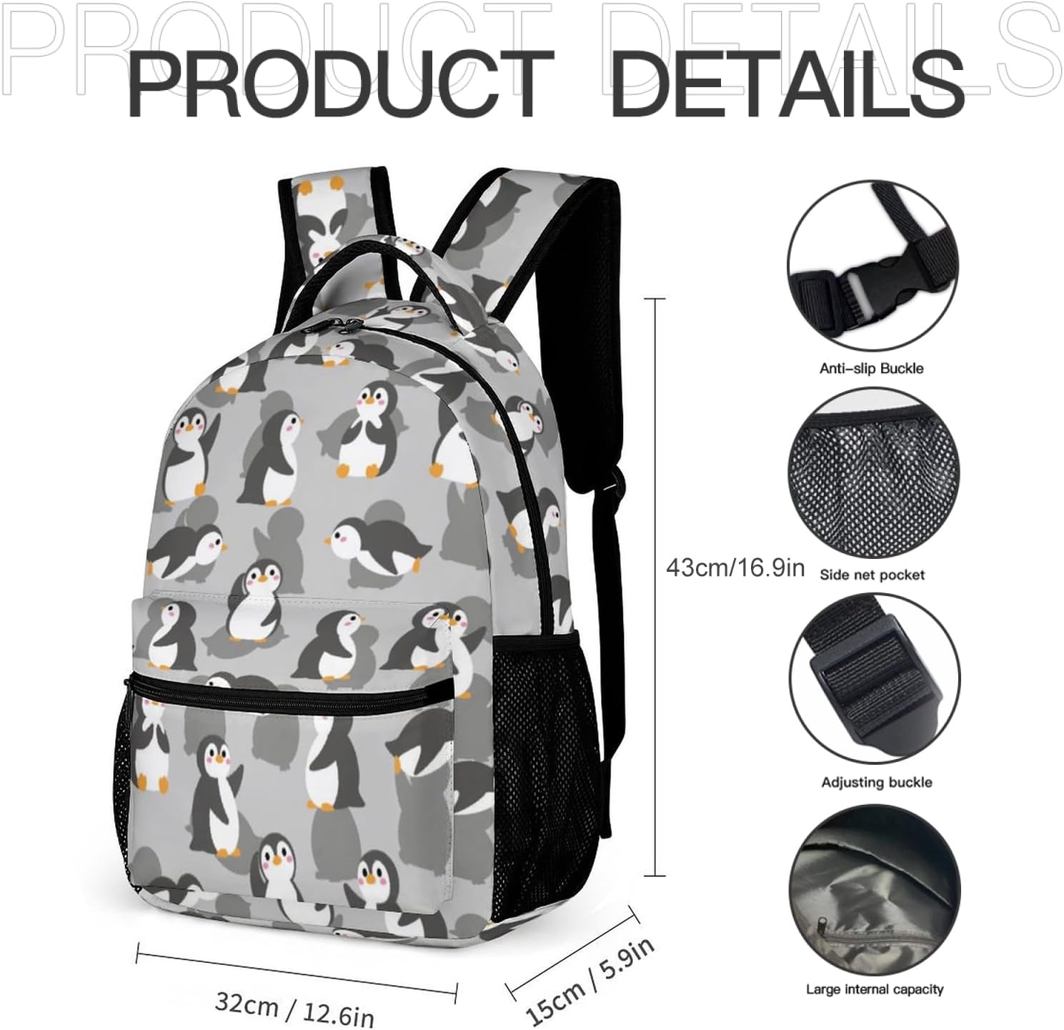 Colorful Multi Pocket Backpack Set School Bookbag with Lunch Bag Lightweight Pencil Case Pouch Bag (Penguin, One Size) - Image 3