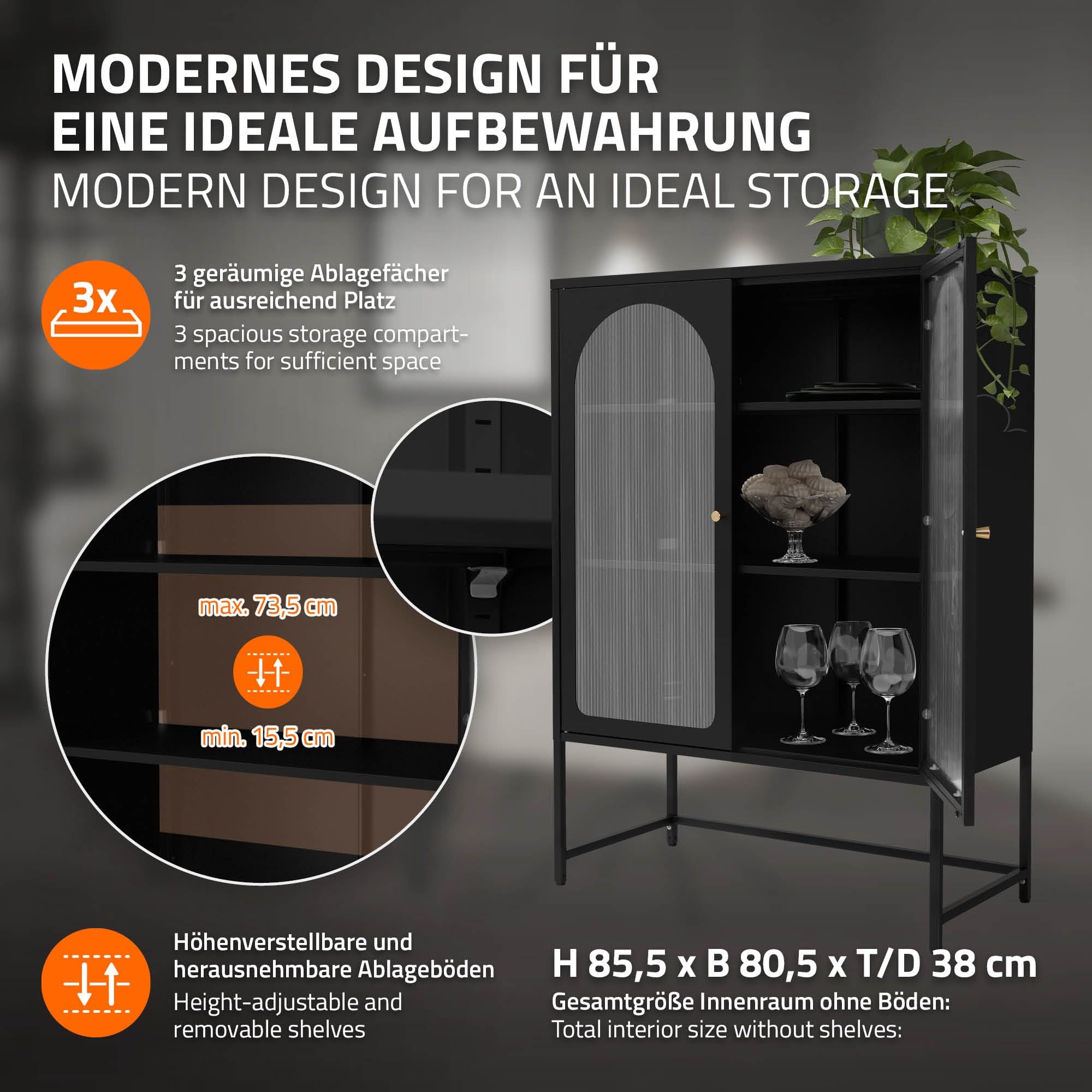 ML-Design Vetrina 85x120x40 cm Nera – Armadio con 3 Ripiani e 2 Ante con Chiusura Magnetica – Mobile in Acciaio Stile Industriale per Soggiorno Libreria Archivio Ufficio