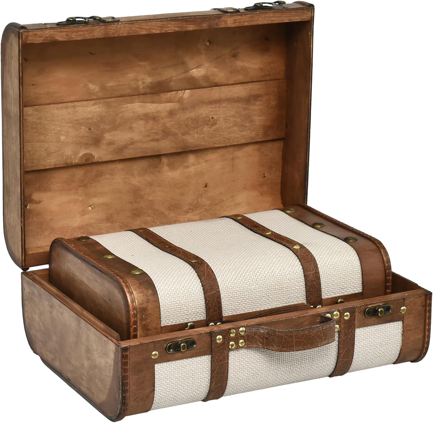 Wooden Vintage Suitcases Set - 2 Sizes, Antique Decorative Storage Chests with Lids, Retro Travel Trunks for Home Décor, Beige - Image 3