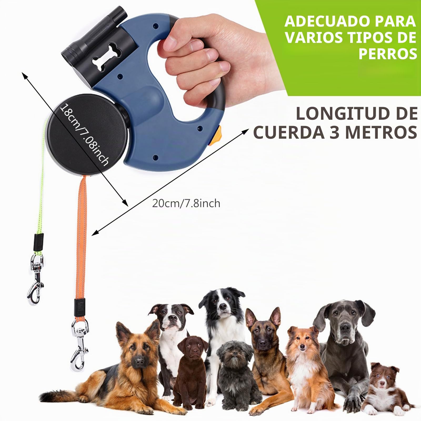 Correa Perro Extensible, Correas Flexi 3M Correa Doble Retráctil para Perro, Correa Extensible Perro Pequeño, con Linterna LED, Asa Ergonómica de Goma, para Perro Grande Mediano y Pequeño, hasta 30KG