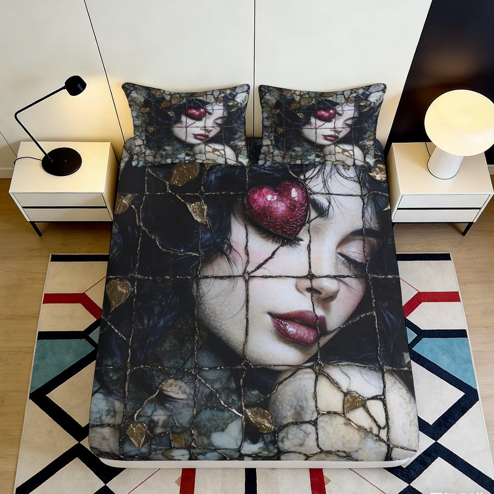 3D Printed Artistic Portrait Fitted Sheet Microfiber Elastic Hem Deep Pocket Bedroom Set Artistic Portrait Mattress Fitted Cover Washable 160x200x25cm