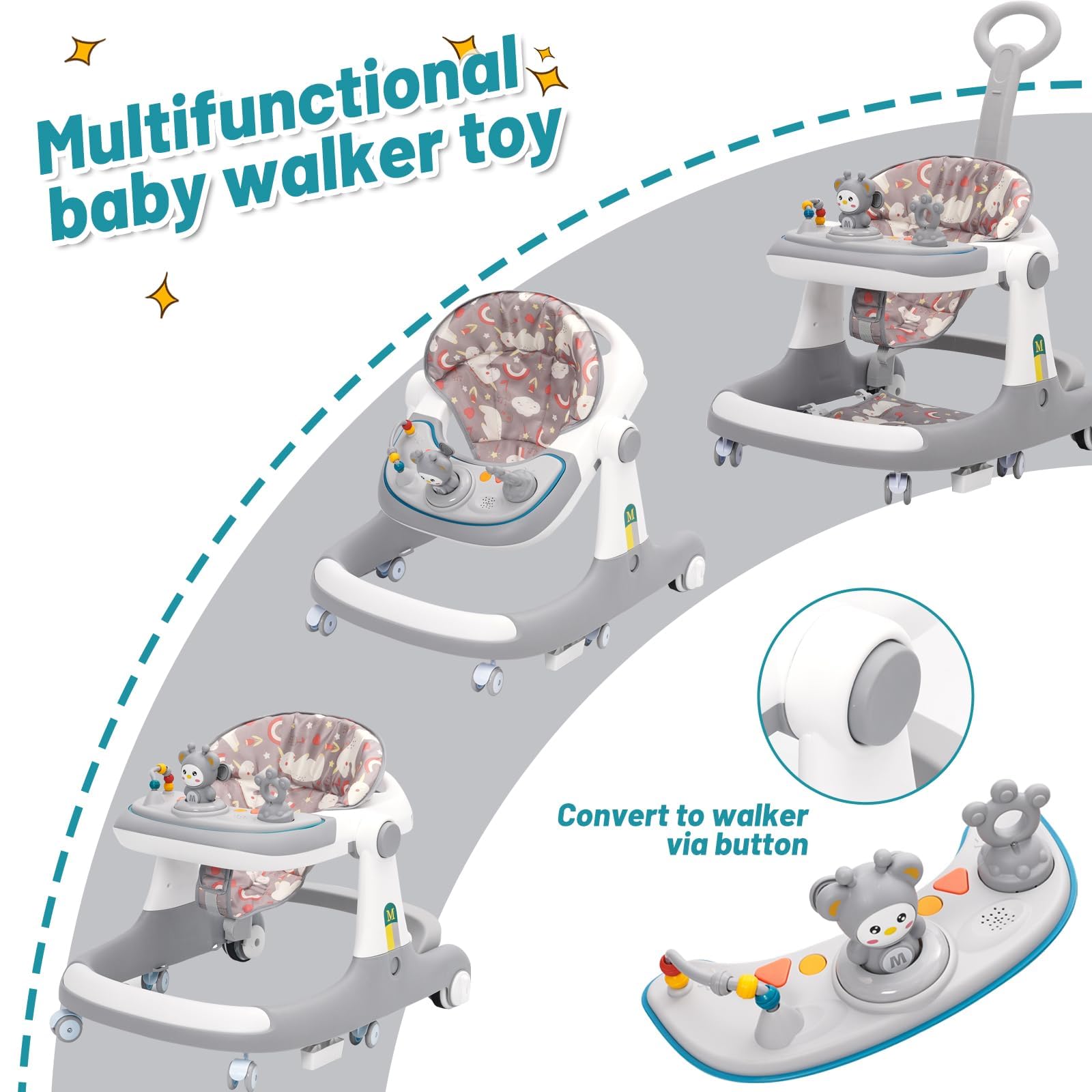 Trotteur Bébé Garçon Fille 6 Mois,Chariot de Marche Bébé Évolutif 3 en 1,Baby Walker Aide Marche Bébé,Apprendre à Marcher Trotteur Pousseur Gris