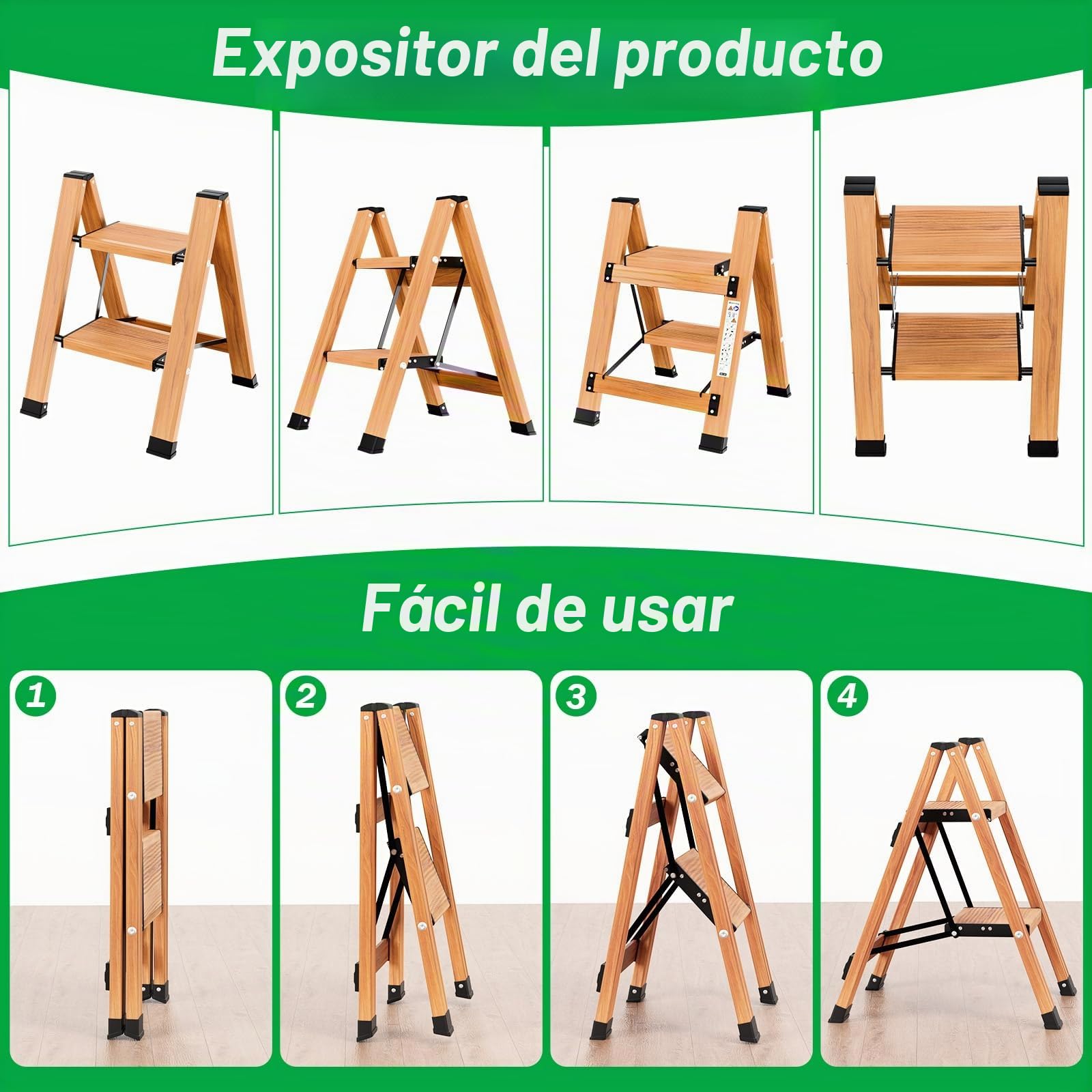 Escalera plegable de aluminio de 2 peldaños, antideslizante, escalera multifunción portátil con diseño de vetas de madera, soporta hasta 150 kg para cocina, baño y camping