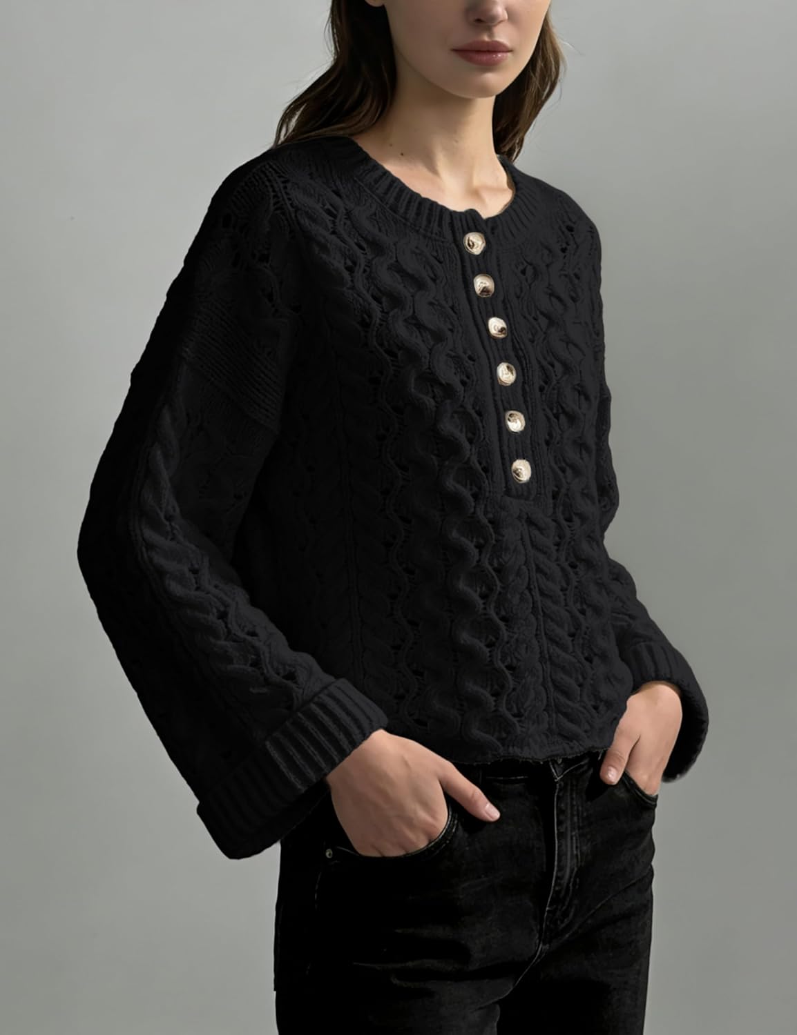 Women's Cable Knit Sweater Long Sleeve Crewneck Casual Cropped Pullover Sweaters Boho Half Button Down Tops - Image 3