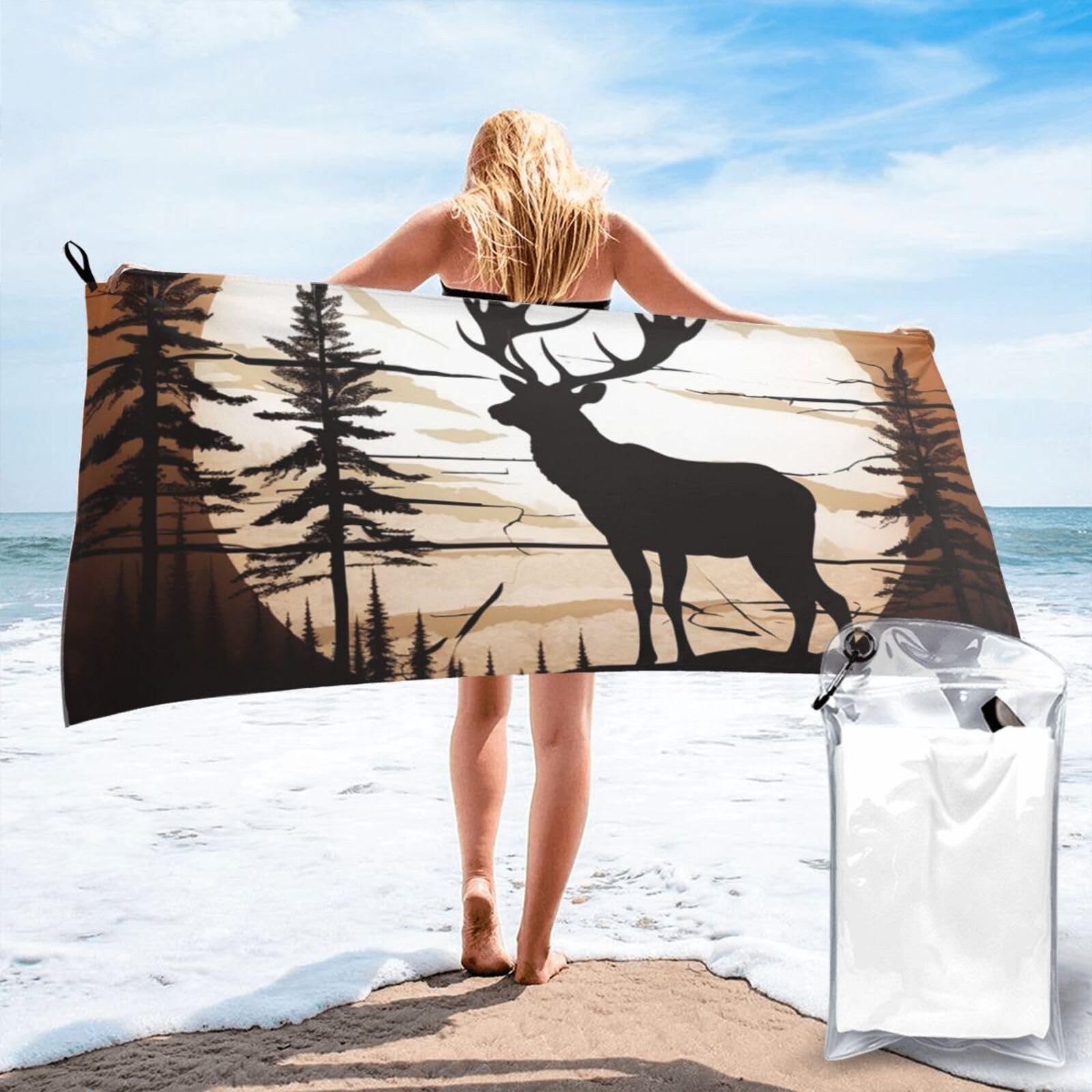 DWVTSLH Microfiber Sand Free Beach Towel 31.5"x63", Quick Dry Absorbent Travel Towel Large Camping Blanket, Wild Elk Silhouette Bath Towels Lightweight Pool Swim Towels for Vacation Essentials