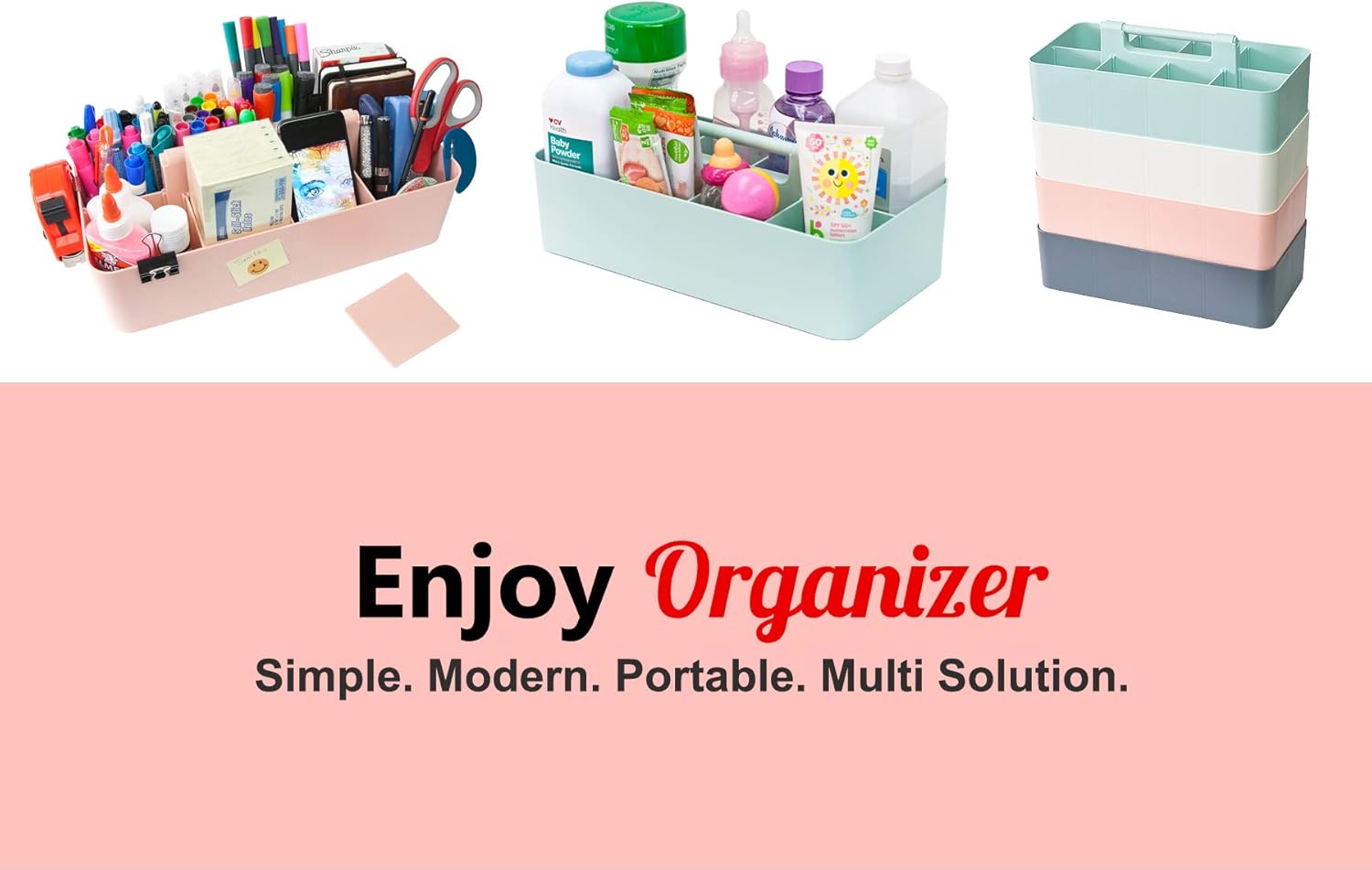 Portable Caddy Organizer - Stackable Plastic Caddy with Handle | Desk, Makeup, Dorm Caddy, Classroom Art Organizers (Made In Usa) (Mint/Ivory/Pink/Gray), OGMIX-4PACK