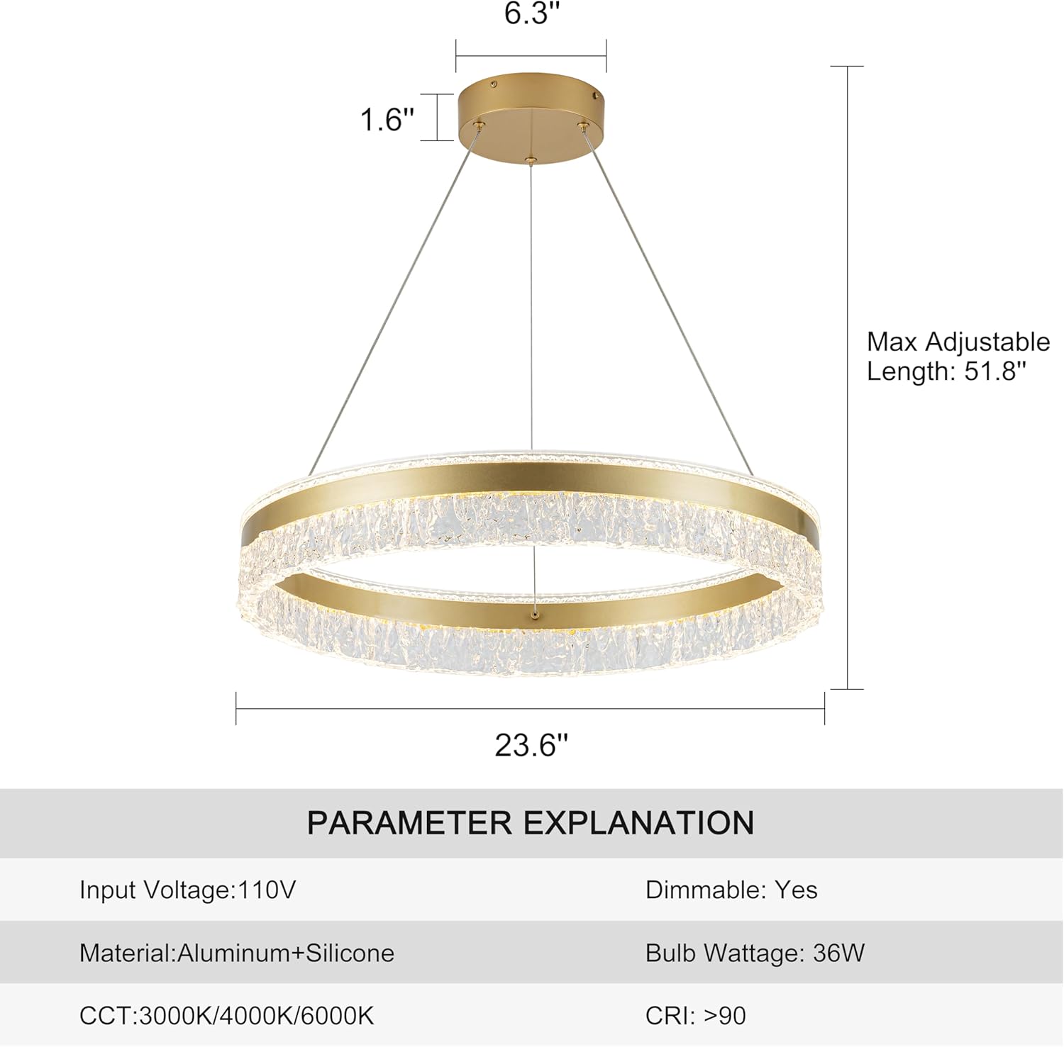 MADEM Modern Gold Led Pendant Light,36W Dimmable LED Chandelier Lighting Fixture, 1 Ring Circular Hanging Led Pendant Lighting for Living Room Dining Room Kitchen Island Foyer Office