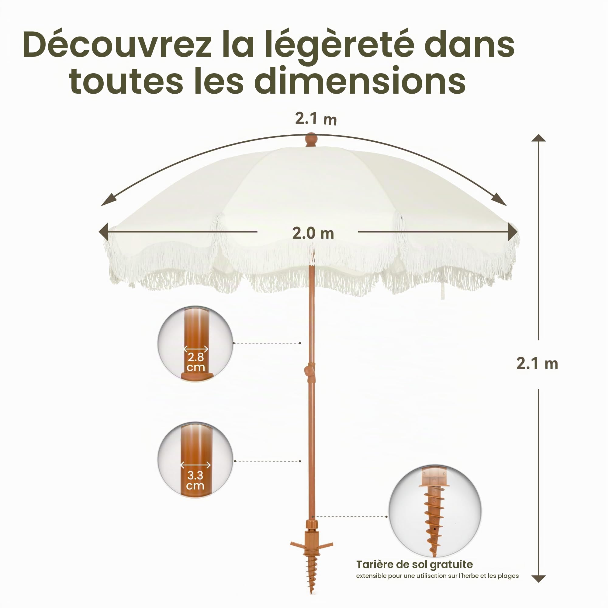 PHI VILLA Parasol de plage de 2 m avec vis à sable UV 50+ - Parasol à franges pour plage, jardin, terrasse - Pour piscine et terrasse