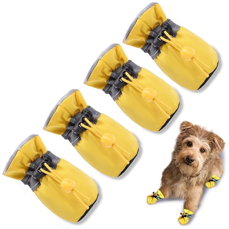 Botas para Cães com Solado Antiderrapante e Faixas Refletivas TEOZZO Amarelas, Tamanho 4, Pacote com 4