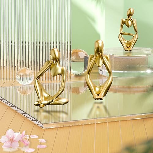 Miniatura 9 de Decoración dorada para el hogar, 3 piezas, estatua de pensador sentado, escultura abstracta de resina, estantería de decoración moderna para el