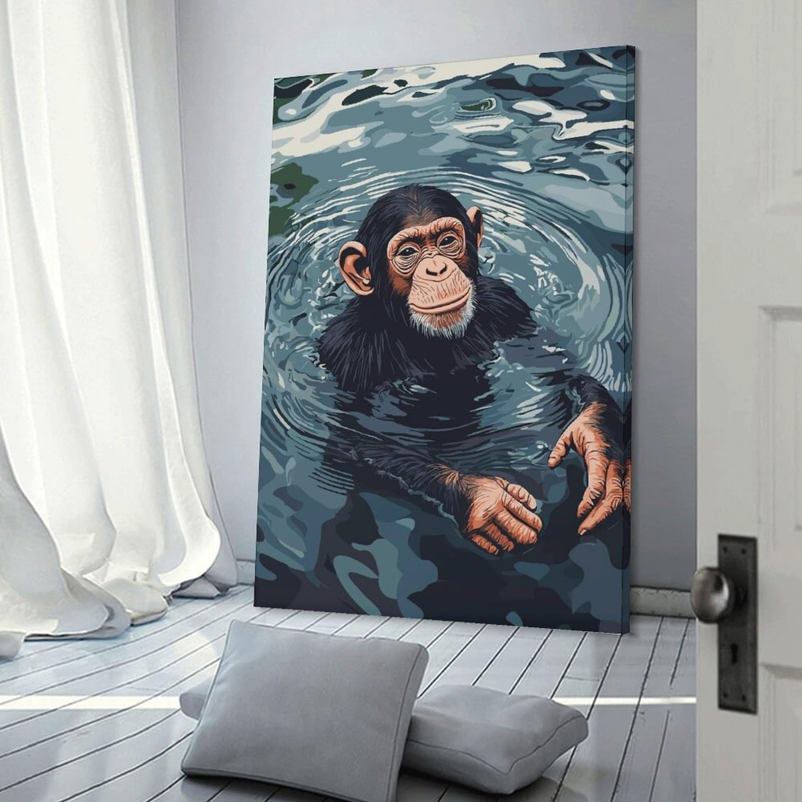 Junmoney Wall Art Print Chimpanzee Swimming in Water, 20x30inch(50x75cm), for Home Lounge, Bedroom Or Reading Nook, Canvas Styling for A Polished Room Look