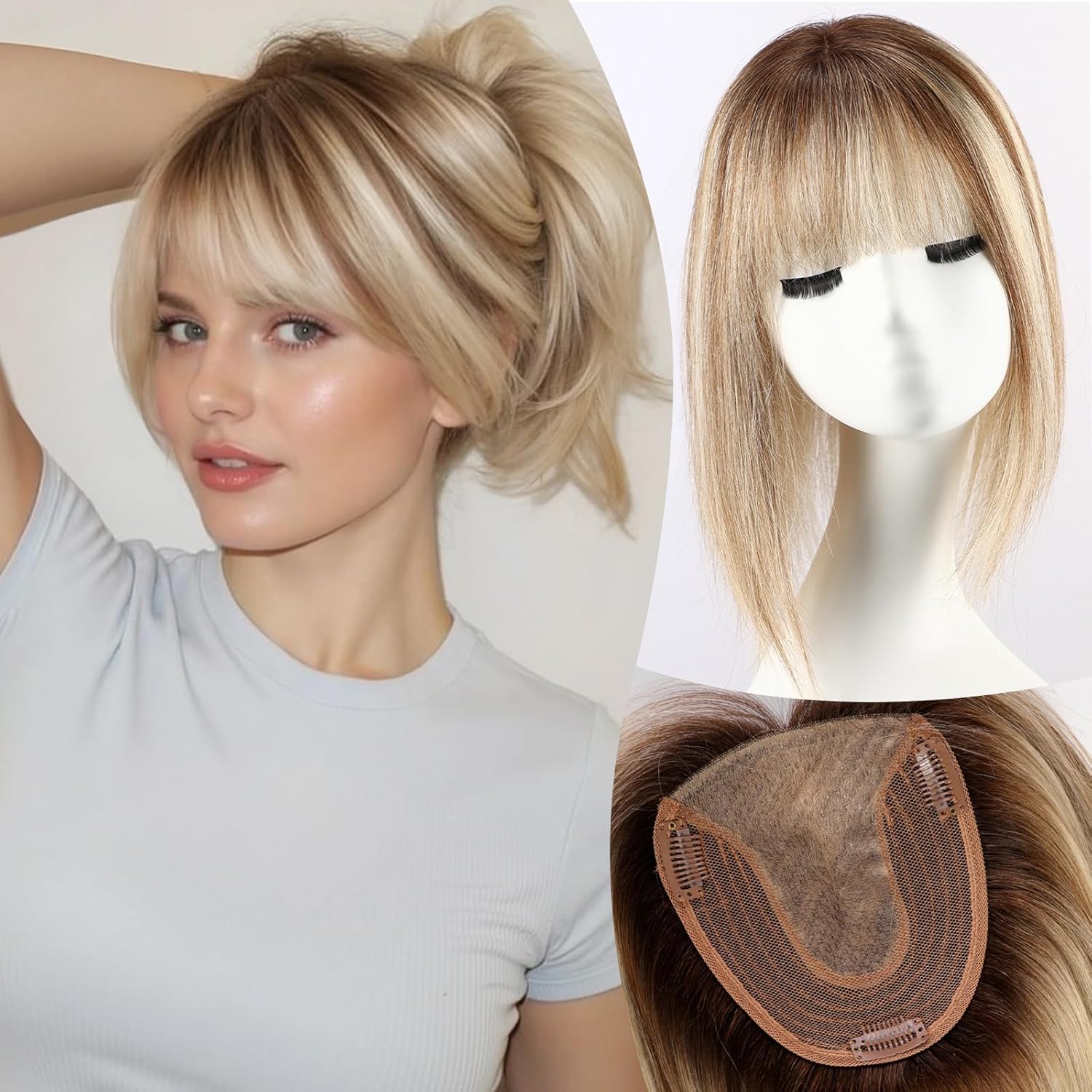 EMMOR Human Hair Toppers for Women with Thinning Hair with Bangs 12inch Skin Scalp 5"×6" Big Base Cover Hair Loss Top Hairpieces Wiglets(Ombre Blonde with Highlight)