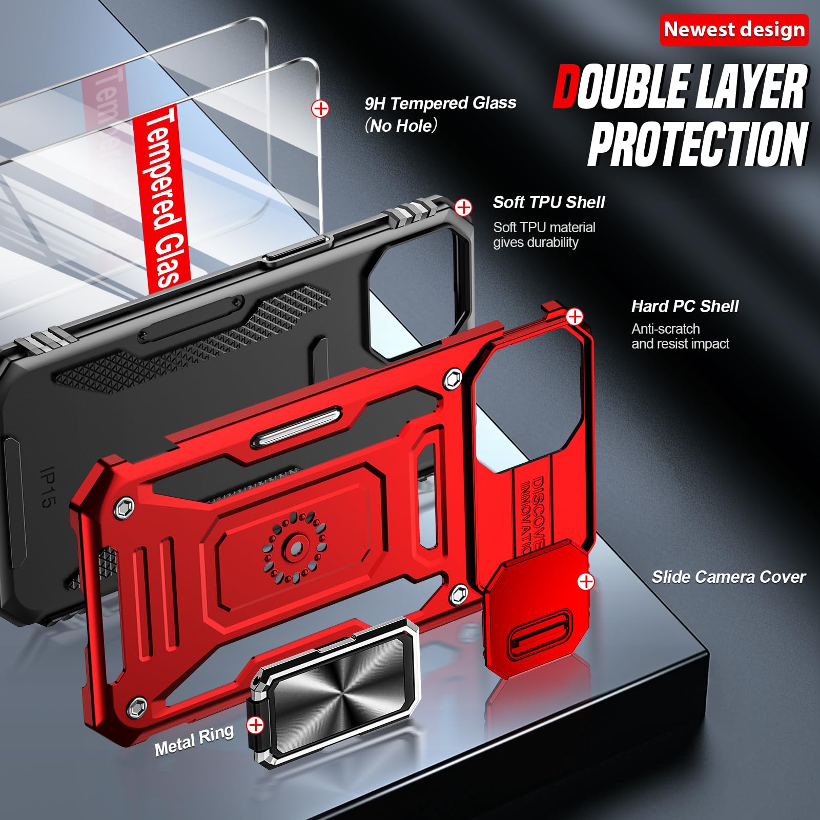 LeYi Custodia Per IPhone 15 Con Vetro Temperato [2 Pezzi] - Cover Con Protezione Fotocamera Scorrevole E Anello Porta 360°, Antiurto Militare, Rosso - 4