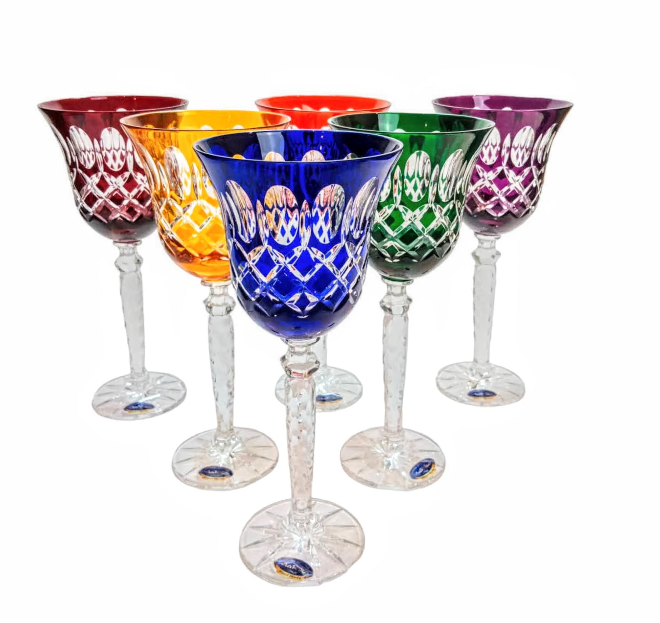 MaRika Bunte Kristall-Weingläser – handgefertigte und bemalte Kristallgläser im 6er-Set – perfekt für Rot- und Weißwein, eine luxuriöse Geschenkidee (Mix, Olivengitter, 280ml)