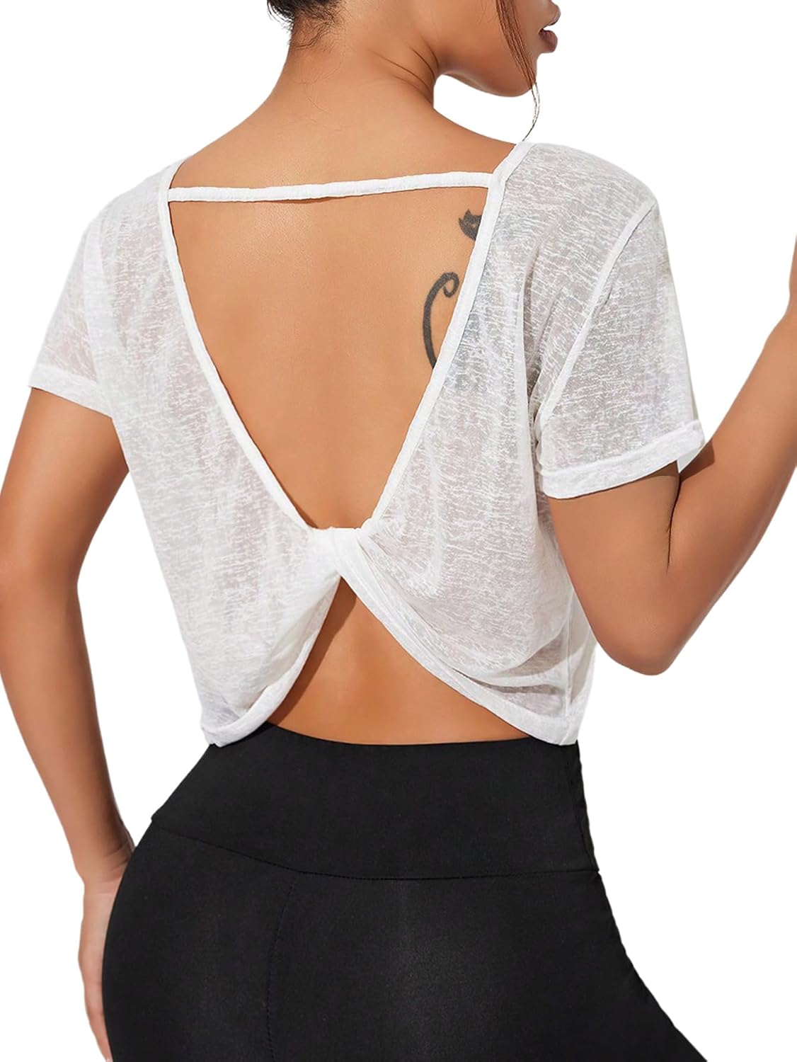 SweatyRocks Women's Twist Cutout Open Back Short Sleeve Sheer Mesh Workout T Shirts Smocked Crop Top