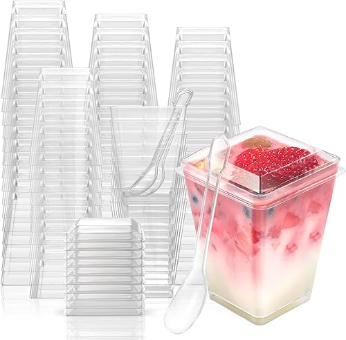 EASERCY Paquete de 100 tazas de plástico de postre de 5 onzas con tapas, tazas de parfait con tapas, tazas de aperitivo para fiesta, mini tazas de