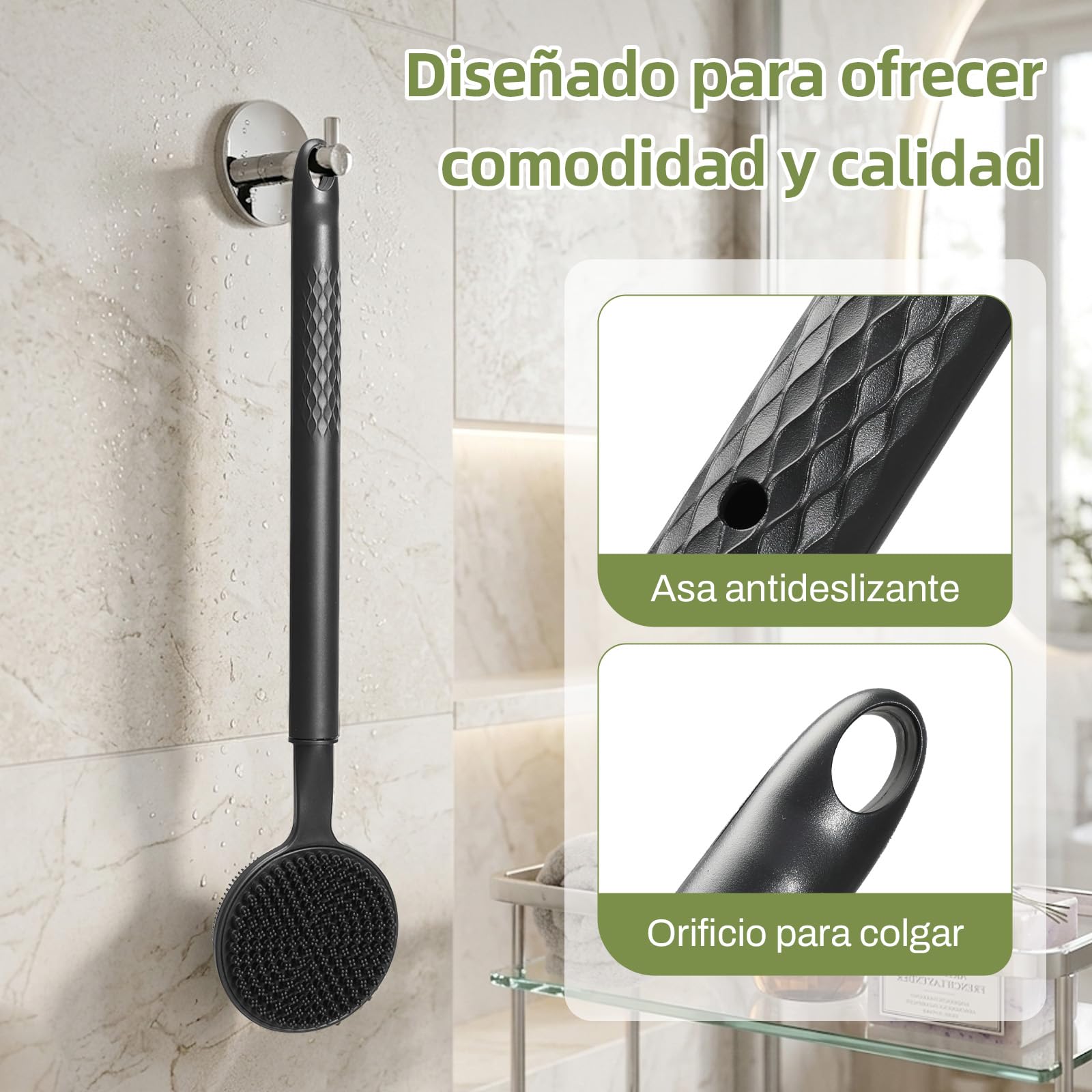 Cepillo de espalda telescópico con mango largo, 58,5 cm, cepillo de ducha de doble cara para exfoliar la ducha y masajes