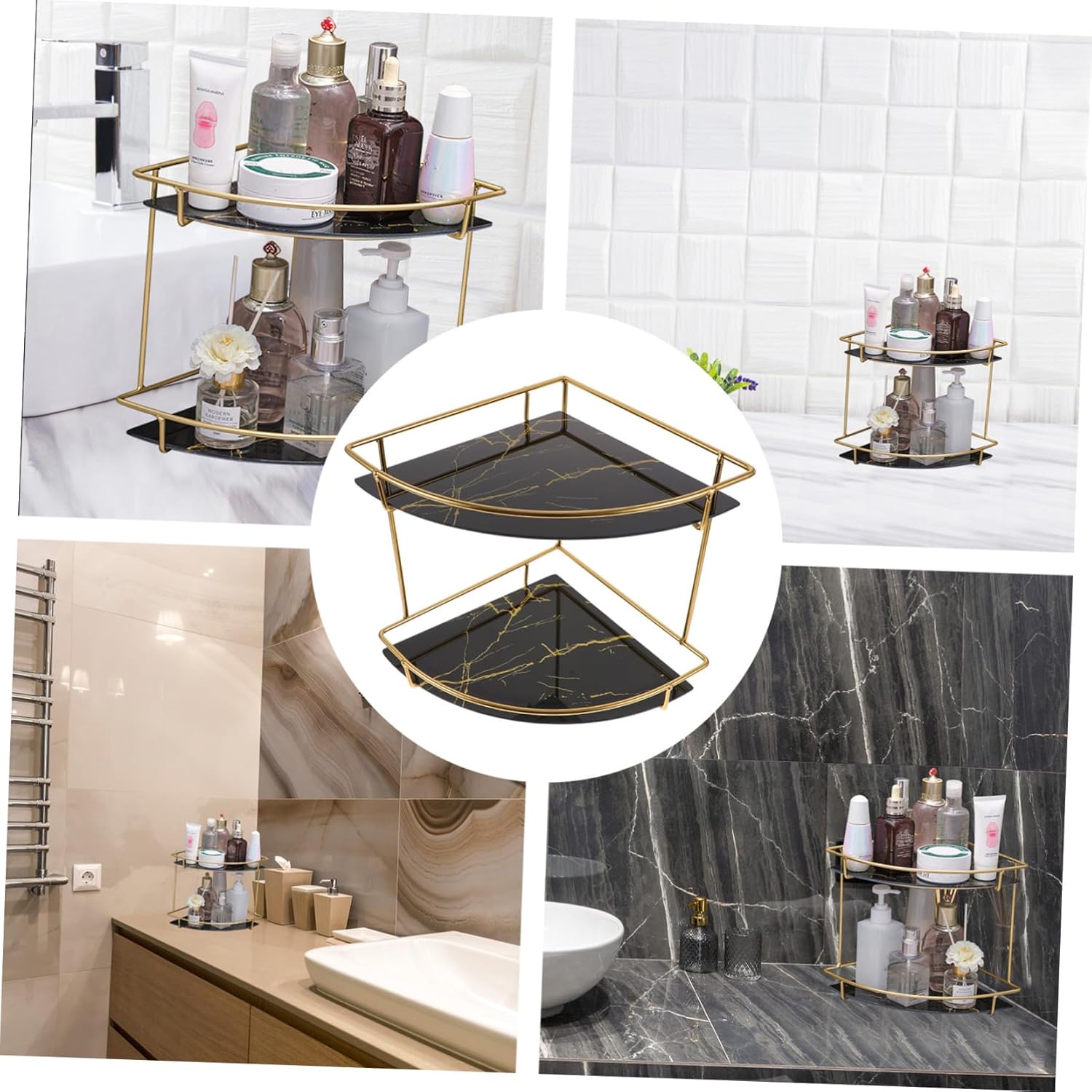 Double Bathroom Organizer Shelf Corner Storage Rack for Kitchen Countertop Iron Frame with Strong Bearing Capacity Easy No-Installation Setup for Efficient Space Saving and
