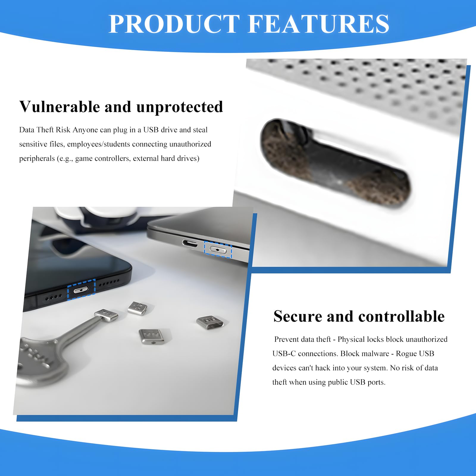 105 cerraduras de seguridad antirrobo USB tipo C con 10 llaves de metal antiroturas, compatibilidad universal para todos los dispositivos tipo C, protección de datos mejorada