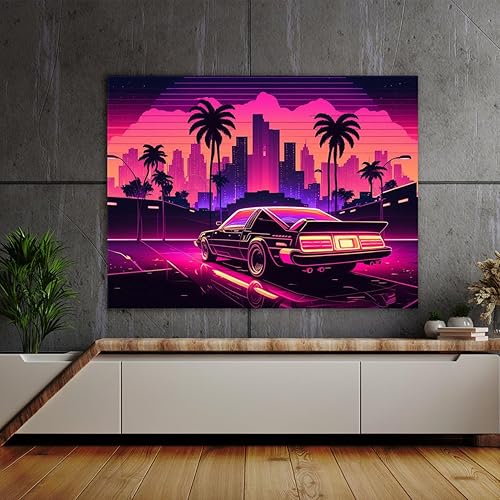 Miniatura 2 de Sense Canvas Synthwave Neon Sunset 1 - Lienzo decorativo para decoración del hogar, póster grande de 40 x 30 pulgadas