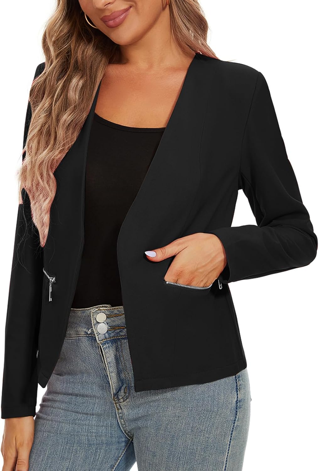 MINTLIMIT Blazers for Women Business Casual Cropped Blazer Open Front Collarless Cardigan Jacket with Zipper Pockets - Image 4